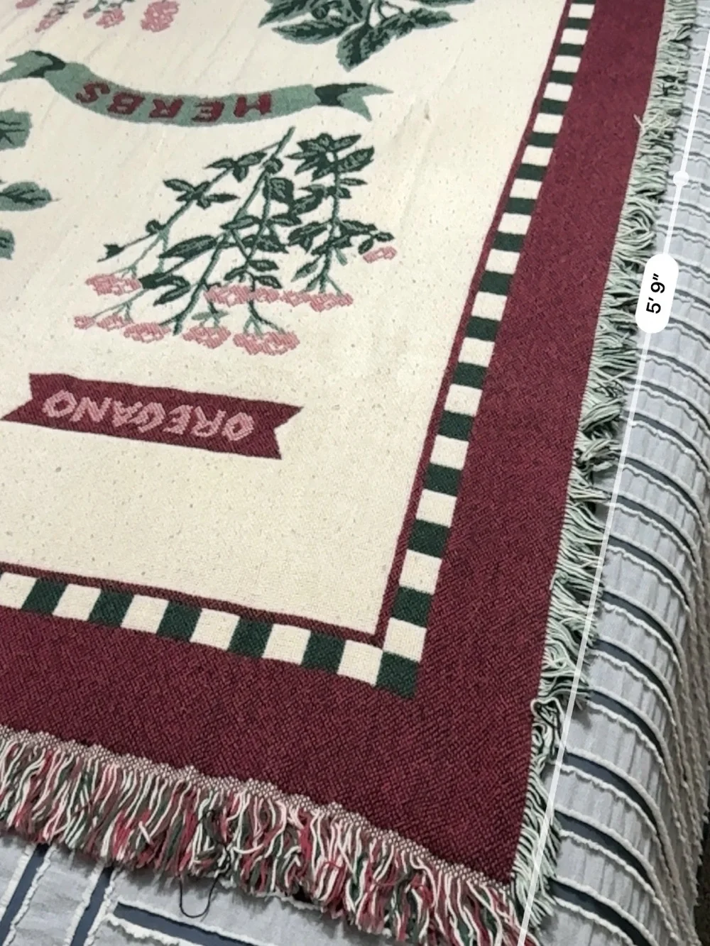 Botanical Herb Woven Tapestry Throw Blanket Burgundy Green Fringe Vintage